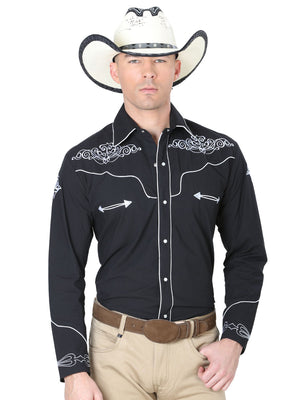 Camisa Vaquera con Bordado Manga Larga Color Negro "Western Shirt Embroidery Design Long Sleeve"