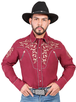 Camisa Vaquera con Bordado Manga Larga Color Vino "Western Shirt Embroidery Design Long Sleeve"