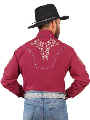Camisa Vaquera con Bordado Manga Larga Color Vino "Western Shirt Embroidery Design Long Sleeve"