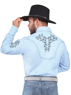Camisa Vaquera con Bordado Manga Larga Color Azul Claro "Western Shirt Embroidery Design Long Sleeve"