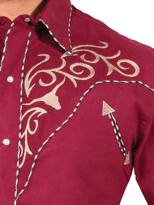 Camisa Vaquera Bordada El General Vino "Western Shirt Embroidery Design Color Wine "