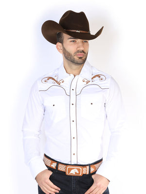 Camisa Vaquera con Bordado Manga Larga Color Blanco "Western Shirt Embroidery Design Long Sleeve"