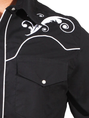 Camisa Vaquera con Bordado Manga Larga Color Negro "Western Shirt Embroidery Design Long Sleeve"