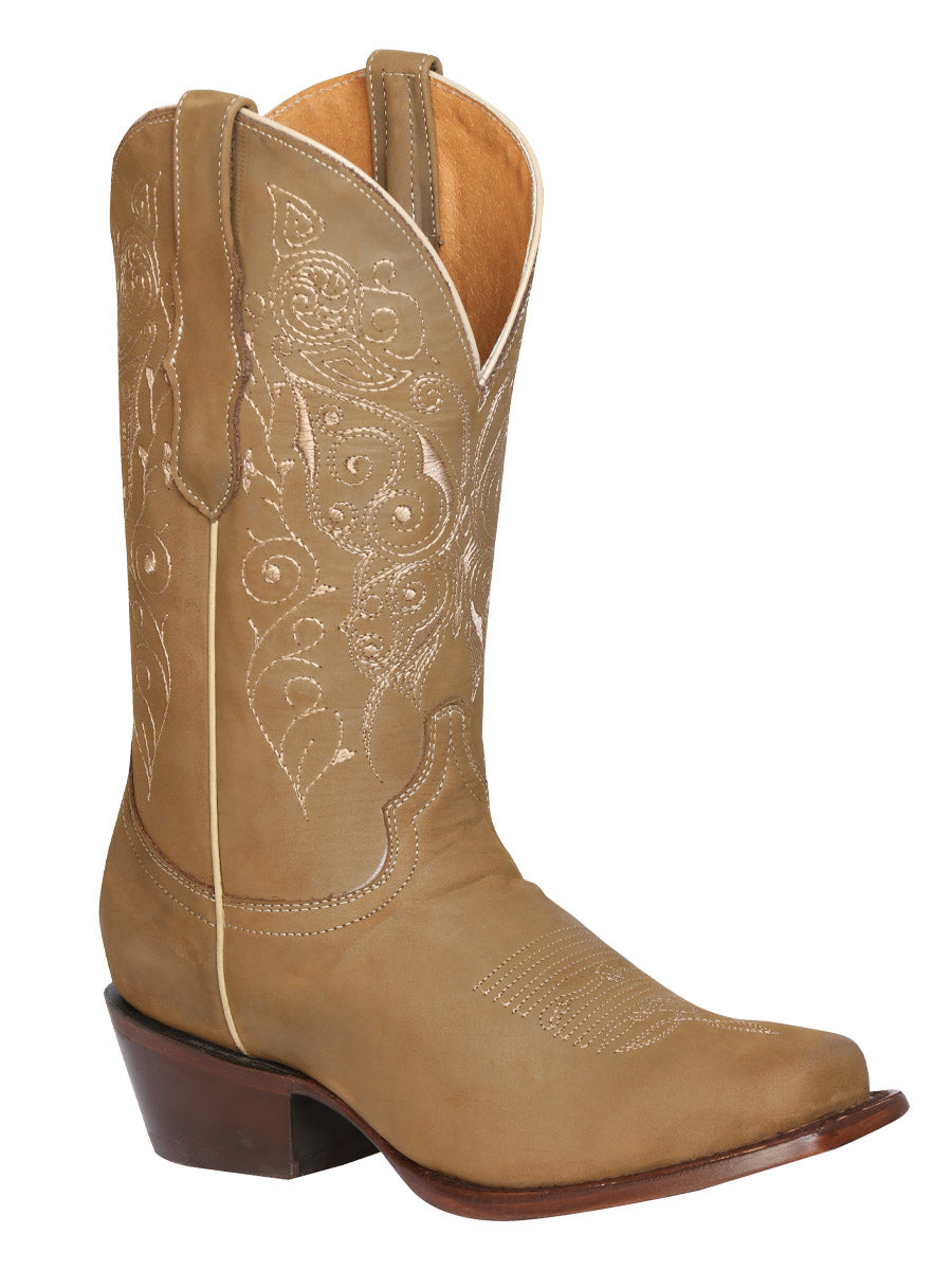 Women's Leather Beige Boots Square Toe / "Bota Rodeo Para Dama"