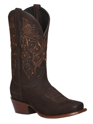 Women's Leather Nobuck Brown Boots Square Toe / "Bota Rodeo Para Dama"