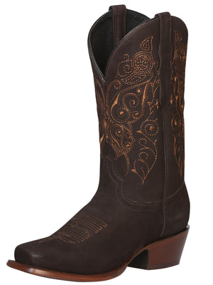 Women's Leather Nobuck Brown Boots Square Toe / "Bota Rodeo Para Dama"
