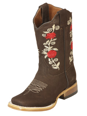 Kid's Rodeo Flower Leather Boot's Nobuck Brown