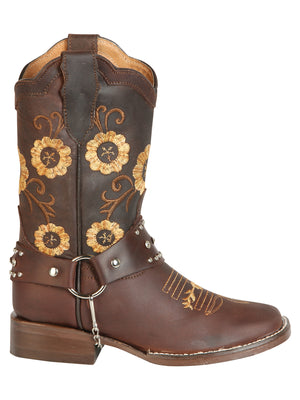 Kid's Rodeo Flower Leather Boot's Brown