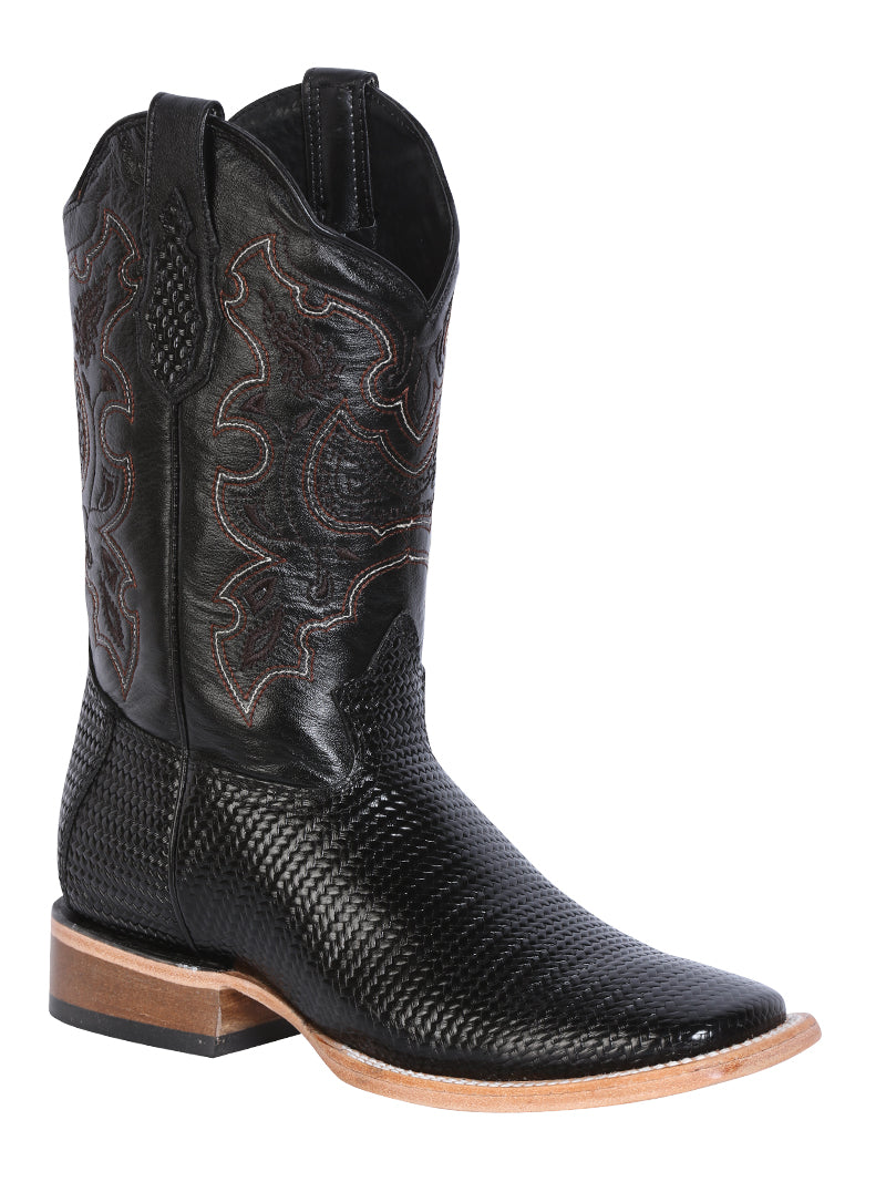 Men's Rodeo Boot's Print Leather Black Square Toe / "Bota Rodeo Grabado Piel"