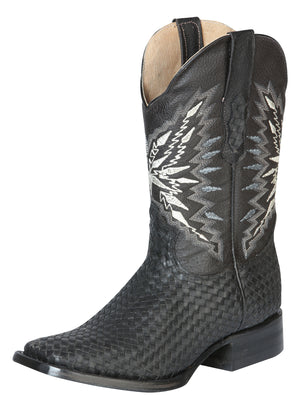 Men's Rodeo Boot's Leather Knitted Slipper Black Square Toe / "Bota Rodeo Bordada Piel Negro"