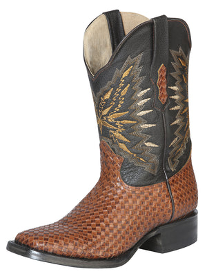 Men's Rodeo Boot's Leather Knitted Slipper Shedron Square Toe / "Bota Rodeo Bordada Piel Shedron"