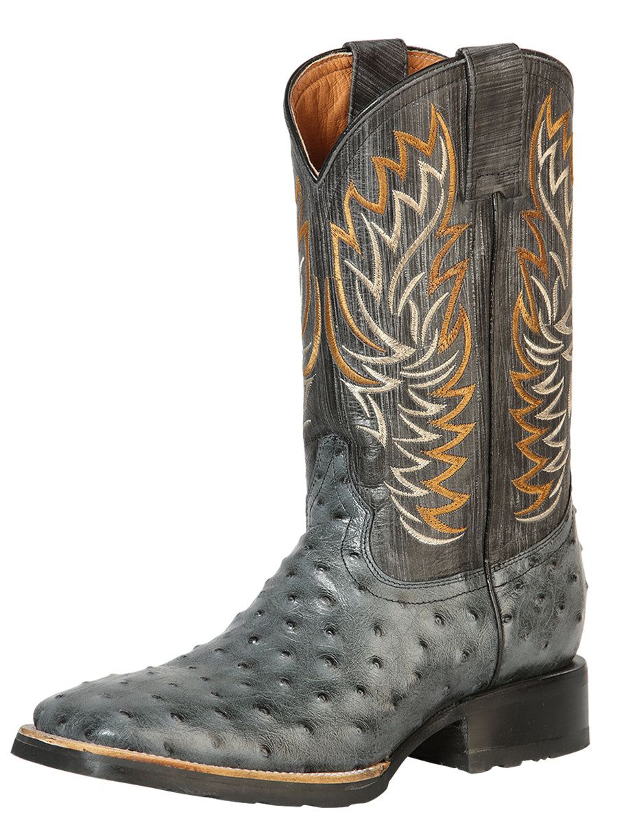 Men's Rodeo Boot's Ostrich Print Leather Gray Square Toe / "Bota Rodeo Piel Imitacion Avestruz Gris"